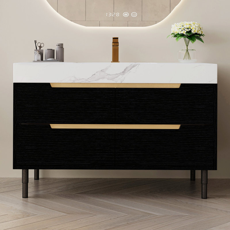 Meuble-lavabo de salle de bain avec lavabo et plateau en pierre frittée, armoire de rangement avec 4 tiroirs