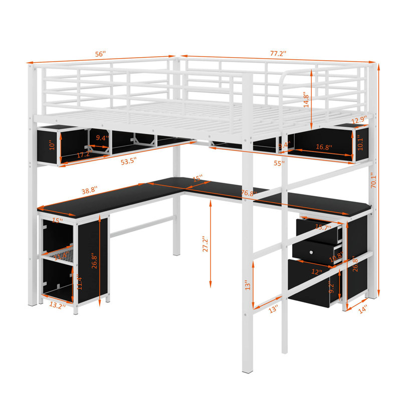 Full Metal Loft Bed With Bookcase, White/Black