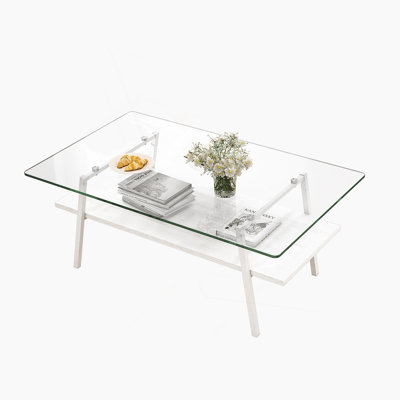 Table basse rectangulaire, plateau de table en verre trempé avec pieds en métal, table de salon moderne, verre transparent