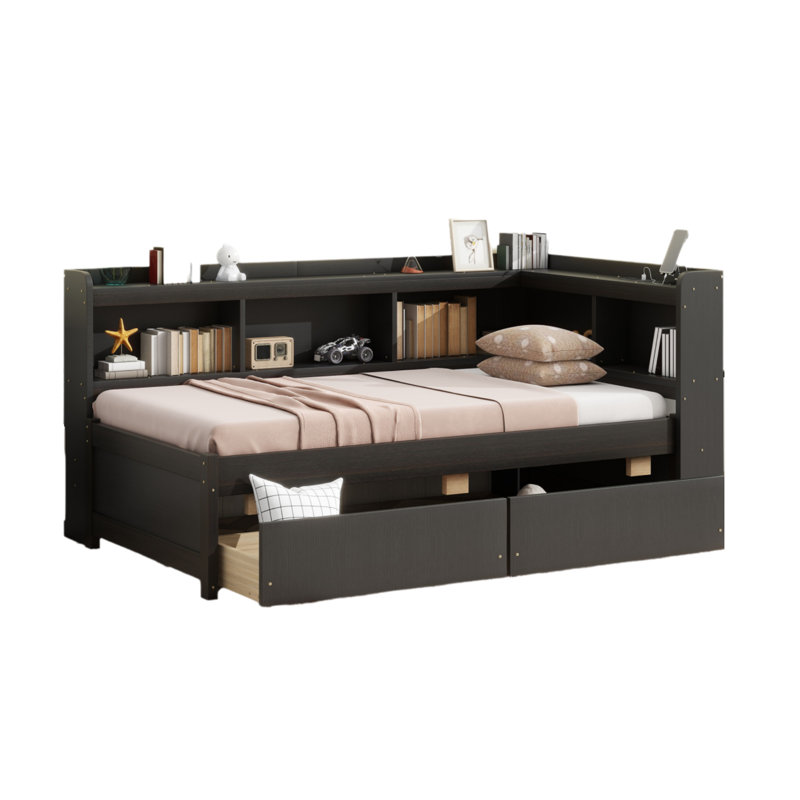 Bookcases Bed With Power Outlets, Black, Full