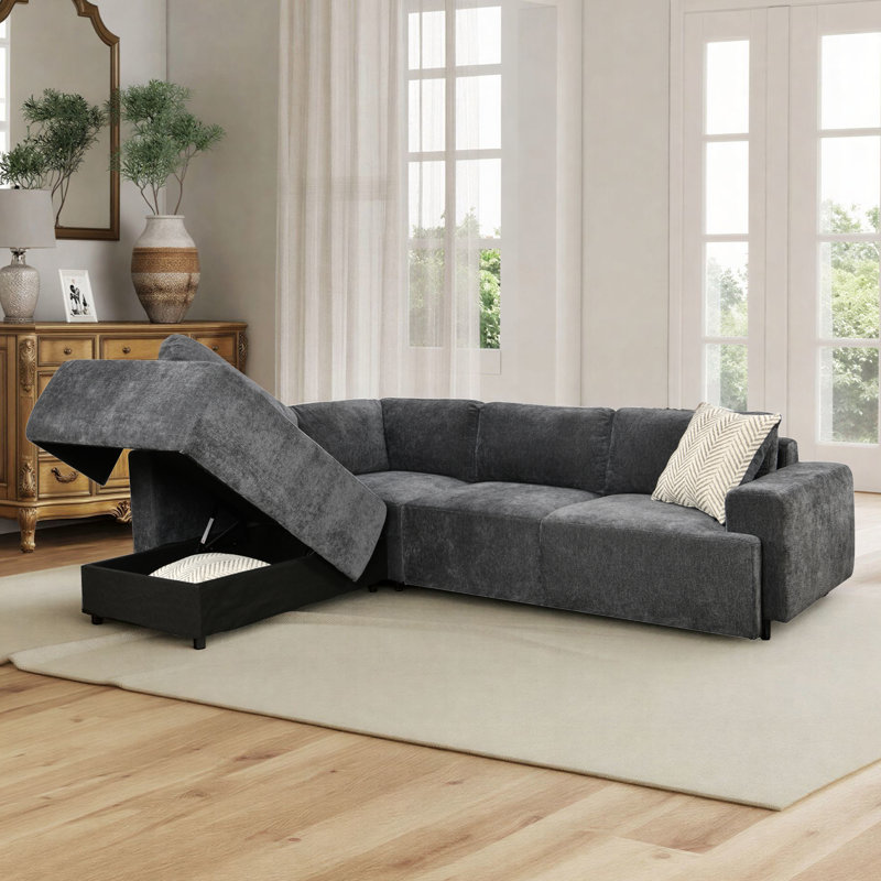 104.30'' Square Arm Sleeper Sofa 2 In 1 Convertible Sleeper Sofa Bed With Srorage Chaise And Pull Out Bed, Dark Gray