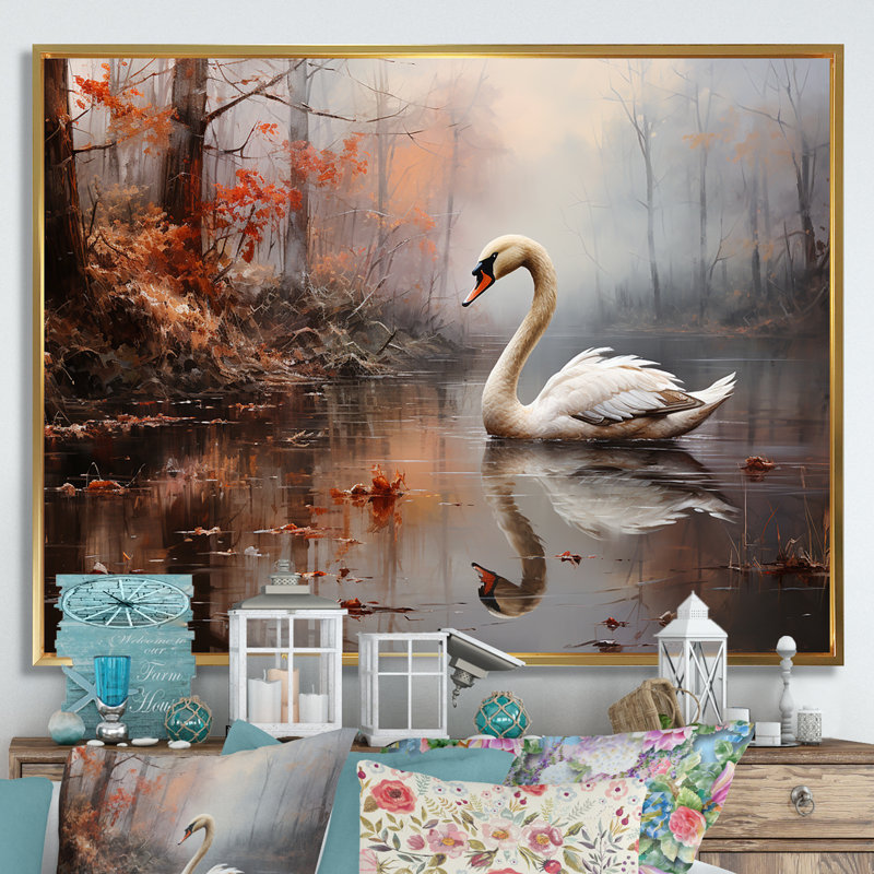Cygne dans la brume sur toile, H 12 po x l 20 po x P 1 po, Cadre flottant doré