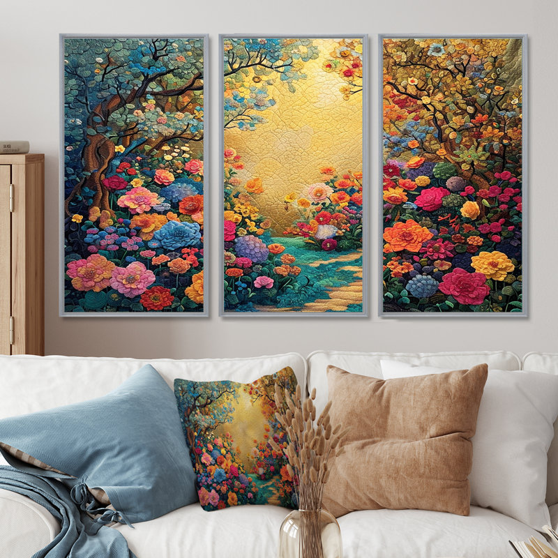 Ensemble de reproduction d'art mural, "Fleurs de campagne", H 28 po x l 36 po x P 1 po, Encadrement argenté