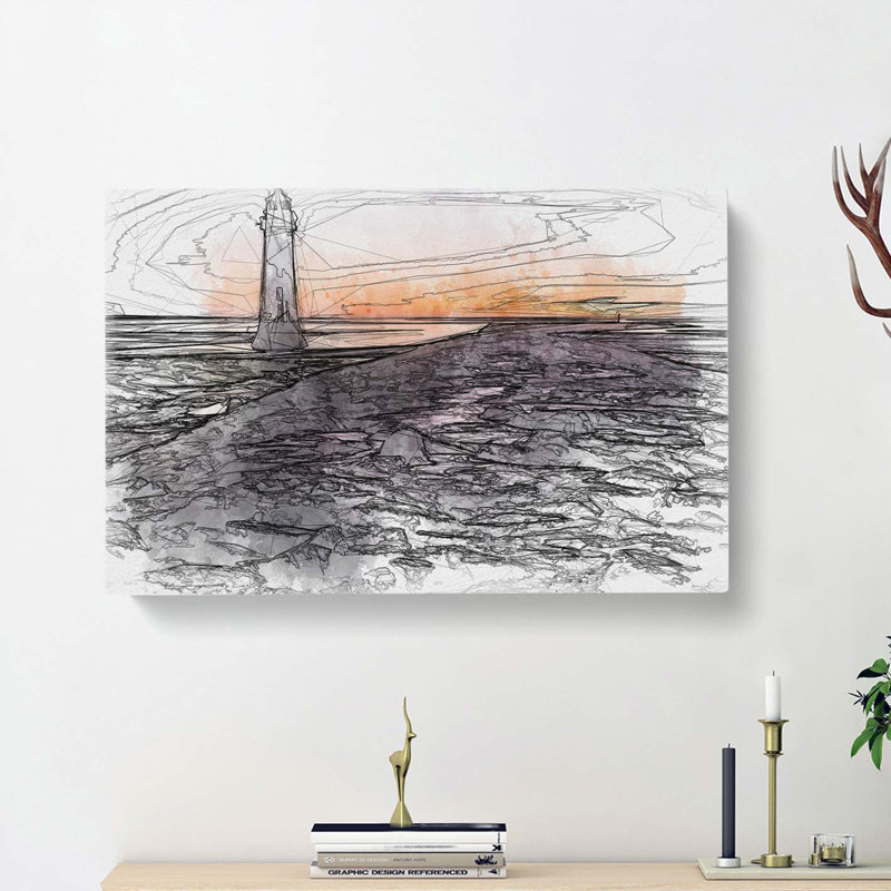 Lighthouse With Orange Sunset In Abstract - Wrapped Canvas Print, 50cm H x 76cm W x 3cm D
