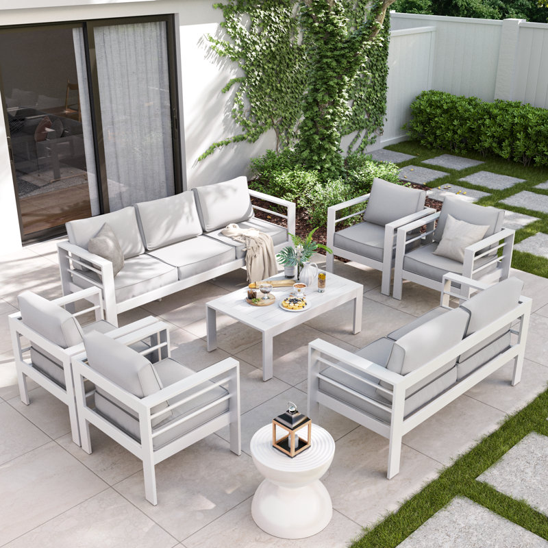 Roussel 9 - Person Complete Patio Set with Cushions, Light Gray/White