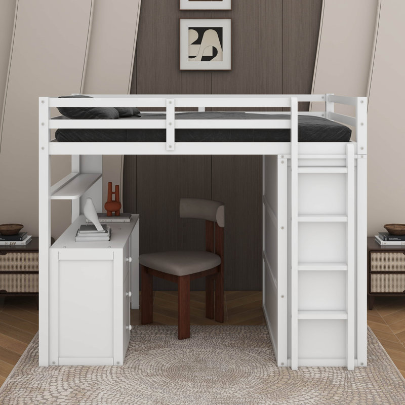 Full Loft Bed With Drawers,Desk And Wardrobe, White
