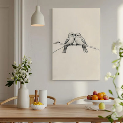 Impression sur toile encadrée 1Pc Deux oiseaux perchés sur une branche, se blottissant affectueusement, croquis détaillés au crayon. Décoration murale, parfait pour la décoration de salon, de chambre, de bureau, de cuisine, de salle de bain, de décoration murale idéale pour la maison