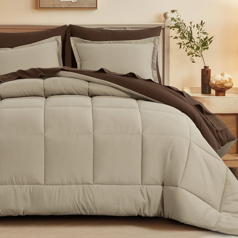 Ensemble d'édredon en microfibre 5/7-pièces , Kaki / Brun, Édredon pour grand lit simple + 4 pièces supplé