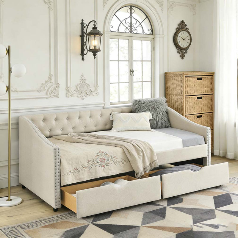 Lit de jour simple avec tiroirs et canapé-lit capitonné, Polyester beige, Lit simple