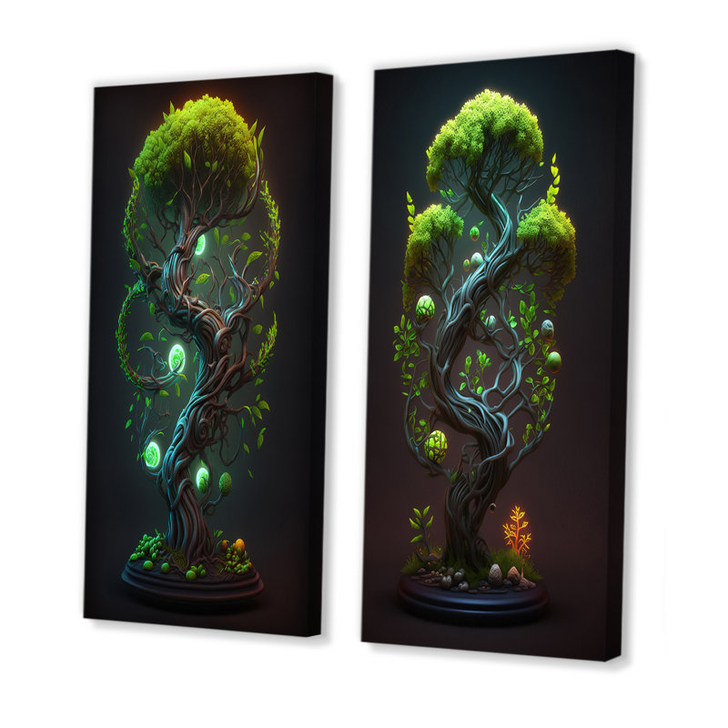 «Neon Bonsai Swirl Tree V», 2 pièces, H 40 po x l 40 po, Toile tendue