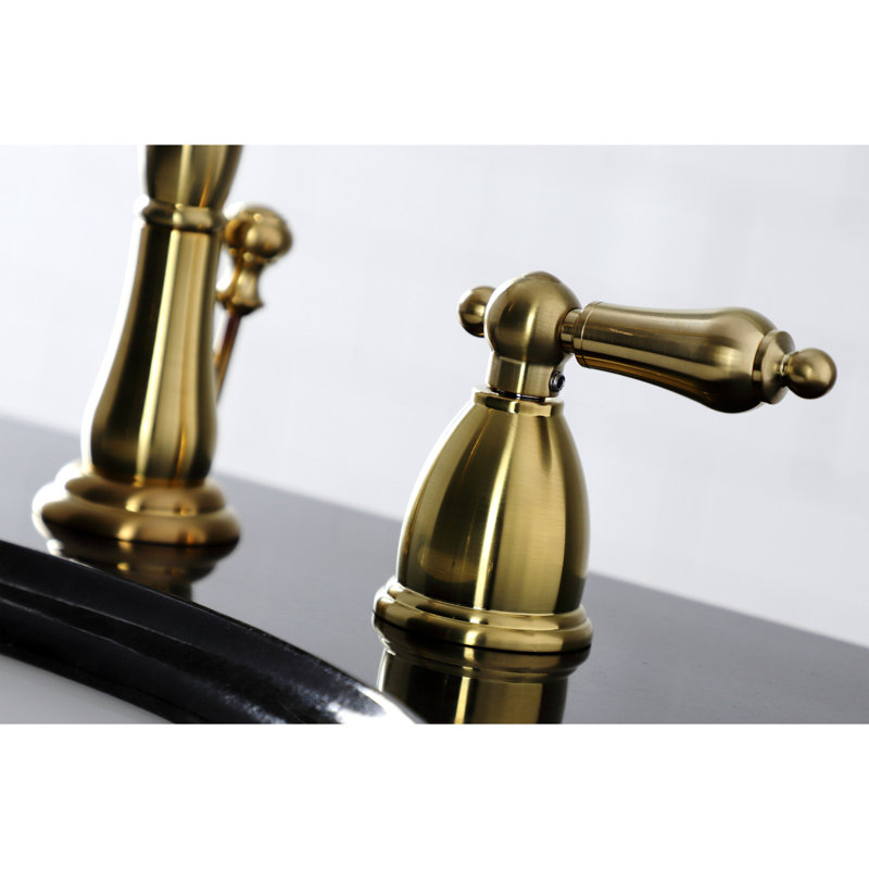 Kingston Brass Heritage Two-Handle 3-Hole Deck Mount Widespread Bathroom Faucet with Brass Pop-Up Drain, Satin Brass