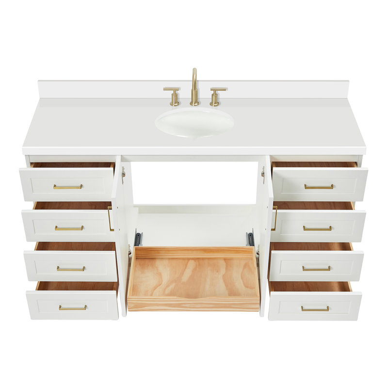Frawley 67'' Solid Wood Single Bathroom Vanity in White with 1.5'' Pure White Quartz Top, Center, Oval Sink, White, Oval  