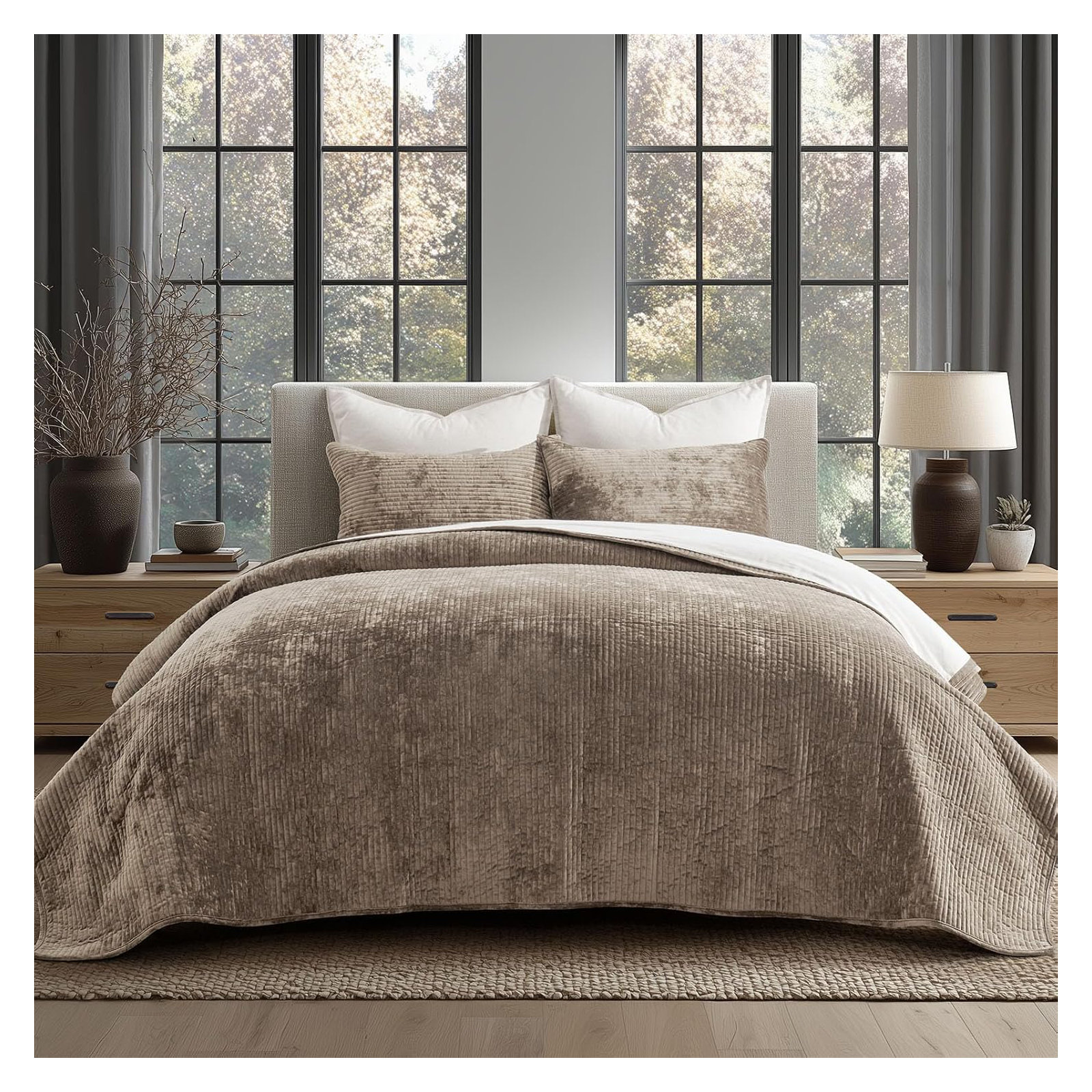 Striped Channel Velvet Quilt Set, King, Natural Tan