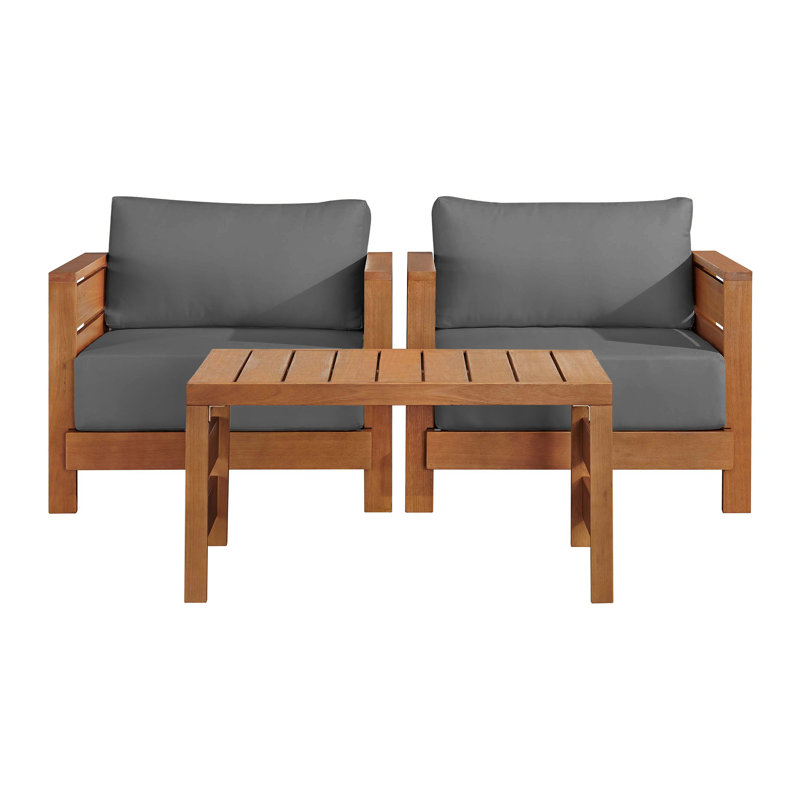  Ensemble de meubles de patio 3 pièces Barton - Table et chaises d'extérieur en bois d'eucalyptus résistant aux intempéries avec coussins gris - Ensemble de meubles d'extérieur modernes pour porche, terrasse ou piscine (naturel)