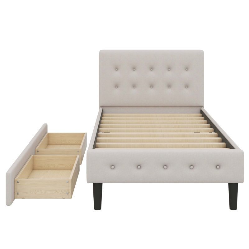 Lit plateforme simple tapissier avec 2 tiroirs, Beige
