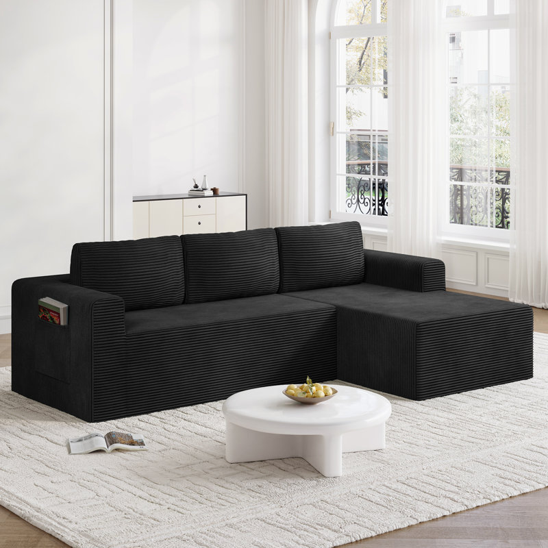 Canapé modulaire moderne en L en velours côtelé de 94,5 pouces avec poches de rangement, Velours côtelé - noir