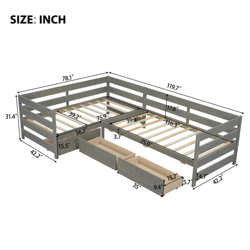 Lit plateforme simple en forme de L avec trois tiroirs de rangement, gris