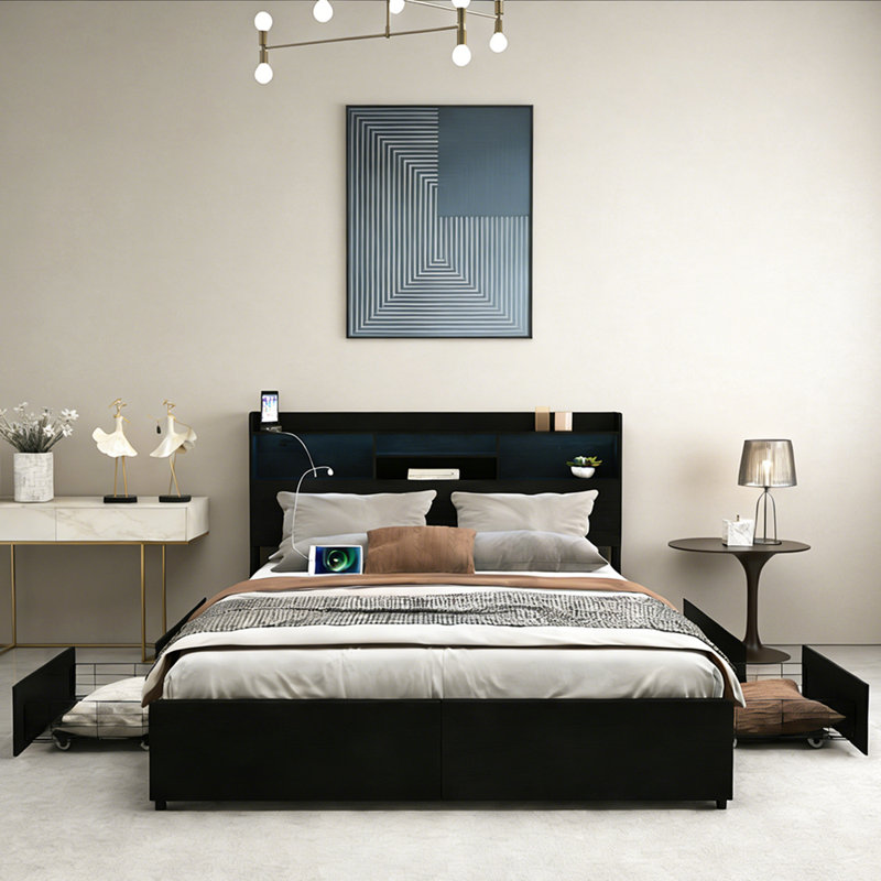 LED Headboard Platform Bed Frame, 6 Storage Drawers & Charging Station, Noise-Free Sturdy Storage Bed No Box Spring Required for Bedroom