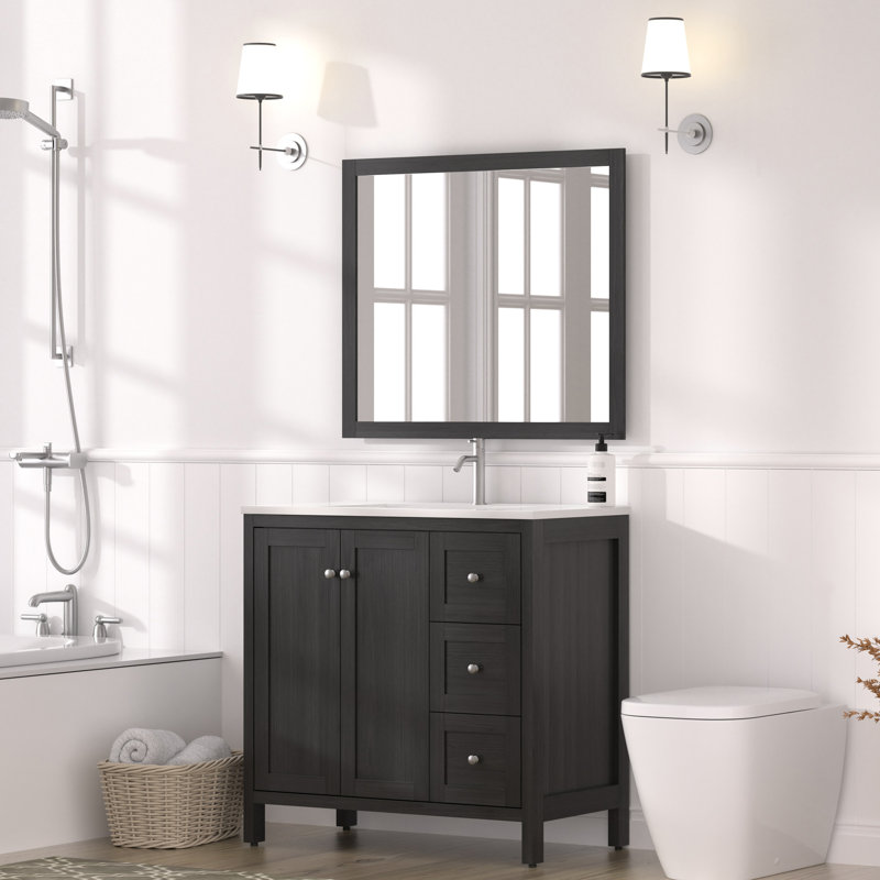 Meuble-lavabo 35,5 po, noir, lavabo en résine, tiroirs à fermeture en douceur, eau texturée, rangement facile, surface d'eau, installation facile