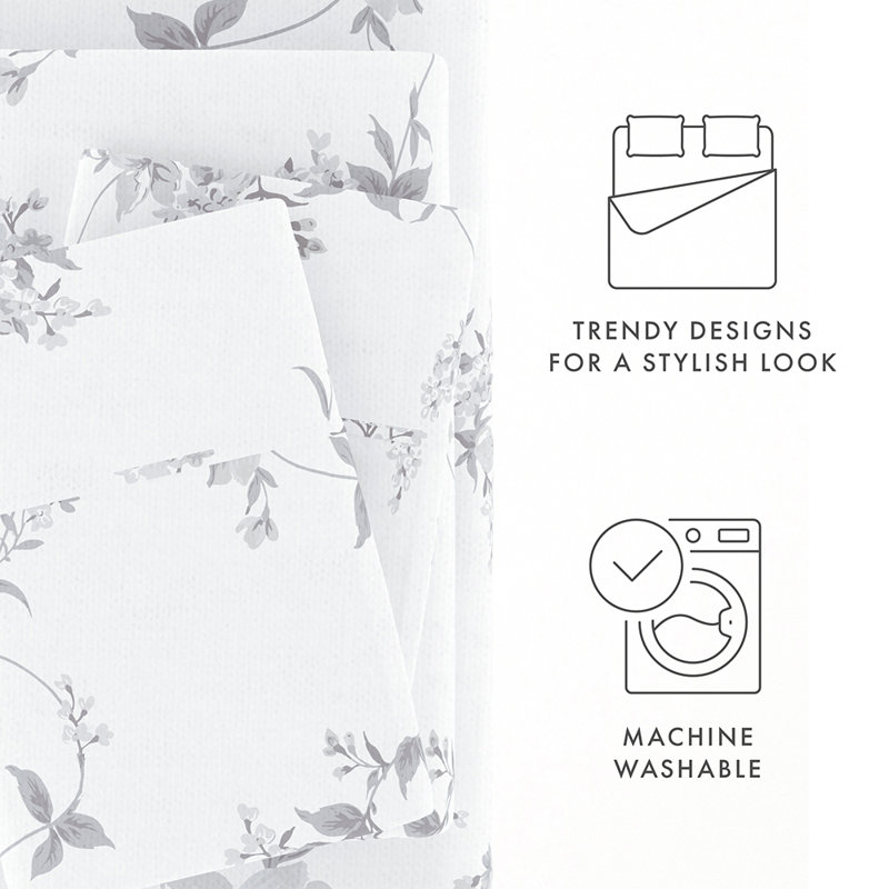 Sheet Set 100% Cotton Patterned Flannel Super Soft Bedding, Full Sheet Set with 3 Additional Pieces, Gray Sylvan Rose