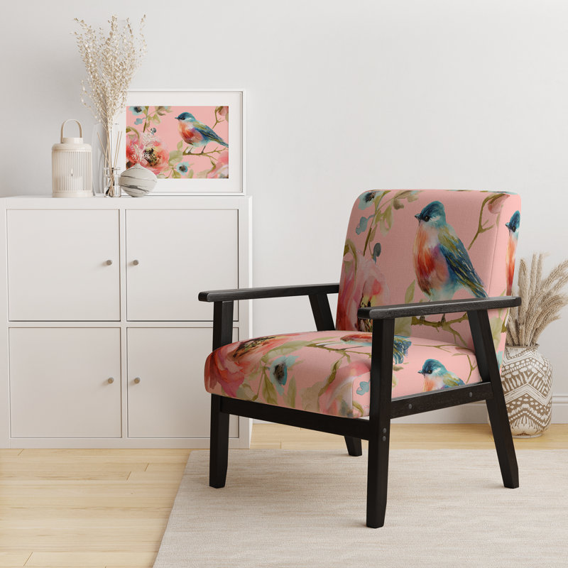 Fauteuil d'appoint rembourré Beautiful Bird Romance I, Mélange de polyester rose, Noir