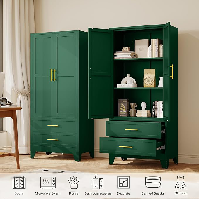71" Tall Metal Pantry Cabinet, Steel Storage Cabinets with 2 Doors, 2 Adjustable Shelf and 2 Drawers, Used as Kitchen Cabinet, Freestanding Cupboard for Kitchen, Office, Living Room (Green)