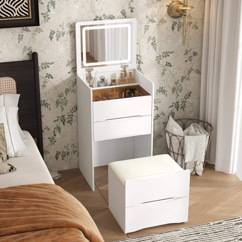 Compact Vanity Desk with LED Mirror, Glass Tabletop, 3 Drawers & Cushioned Stool White