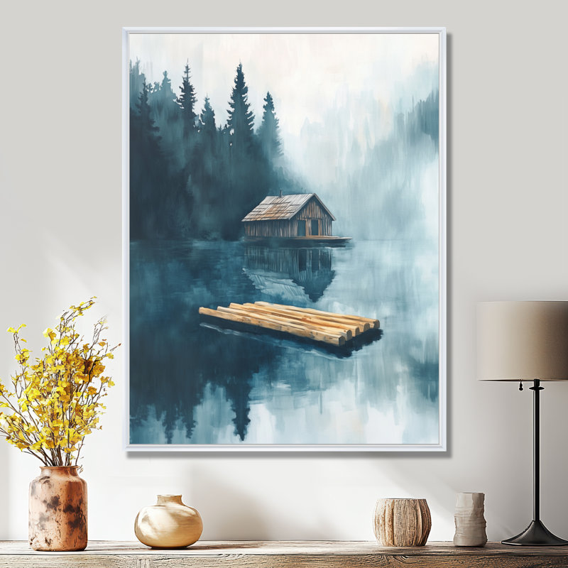 Art mural, lac rustique, toile de chalet rustique, H 32 po x l 16 po, Cadre flottant blanc