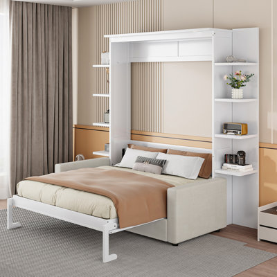 Queen Murphy Wall Bed with Built-in Sofa, Space-Saving Convertible Bed for Living Room or Guest Room, White