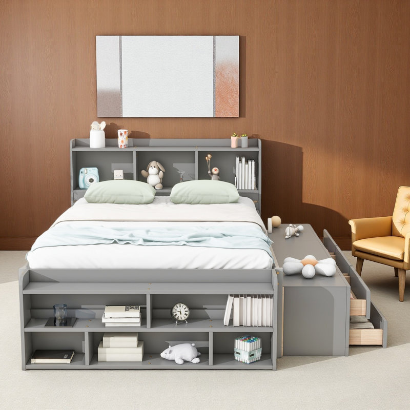 Multifunctional All-in-One Storage Solid Pine Platform Bed, Gray