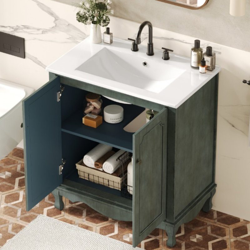 Meuble-lavabo de salle de bain rétro 30 po avec lavabo rectangulaire en céramique, meuble-lavabo avec poignées antiques, meuble de rangement pour la salle de bain avec pieds en bois d'hévéa et tablettes réglables, bleu sarcelle antique (bleu-vert)
