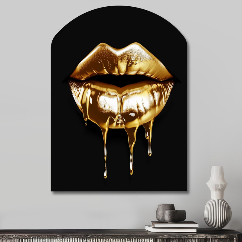 Gold Lips Of Luxury V - Arch Fashion Metal Wall Art, Asymmetrical Metal Wall Sculpture Print, 34" H x 25" W x 1" D