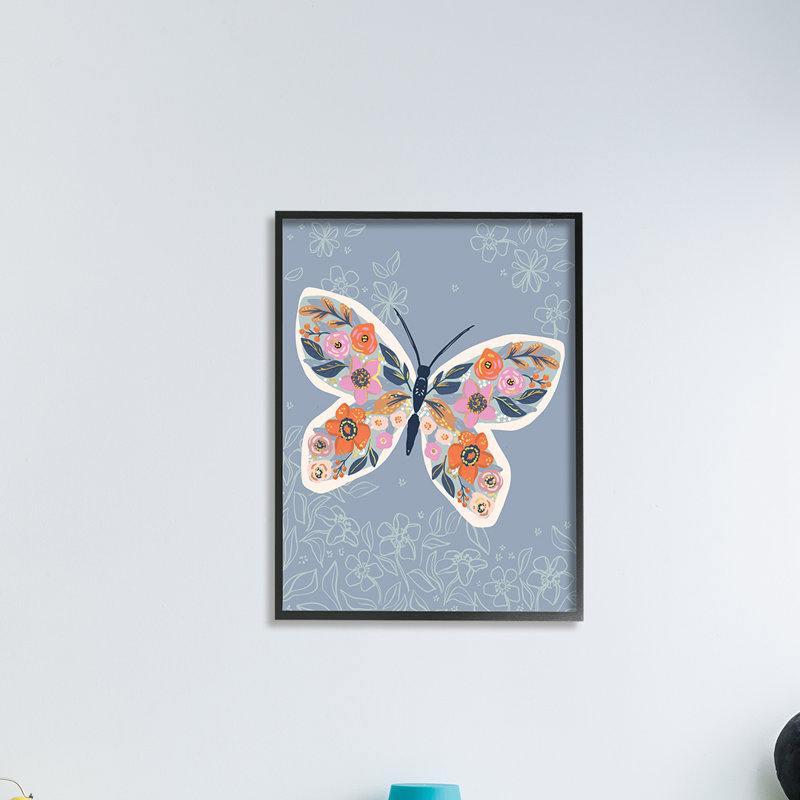 Floral Butterfly Wings Print on Blue Canvas with Black Frame