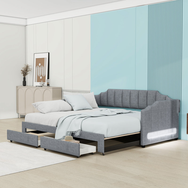 Twin XL Linen Extendable Upholstered Daybed with LED Lighting and Storage Drawers, Gray