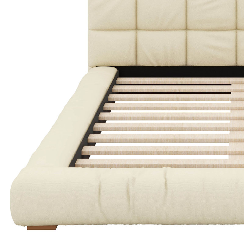 Lit plateforme tapissier en velours avec tête de lit capitonnée Channel, Queen, Beige