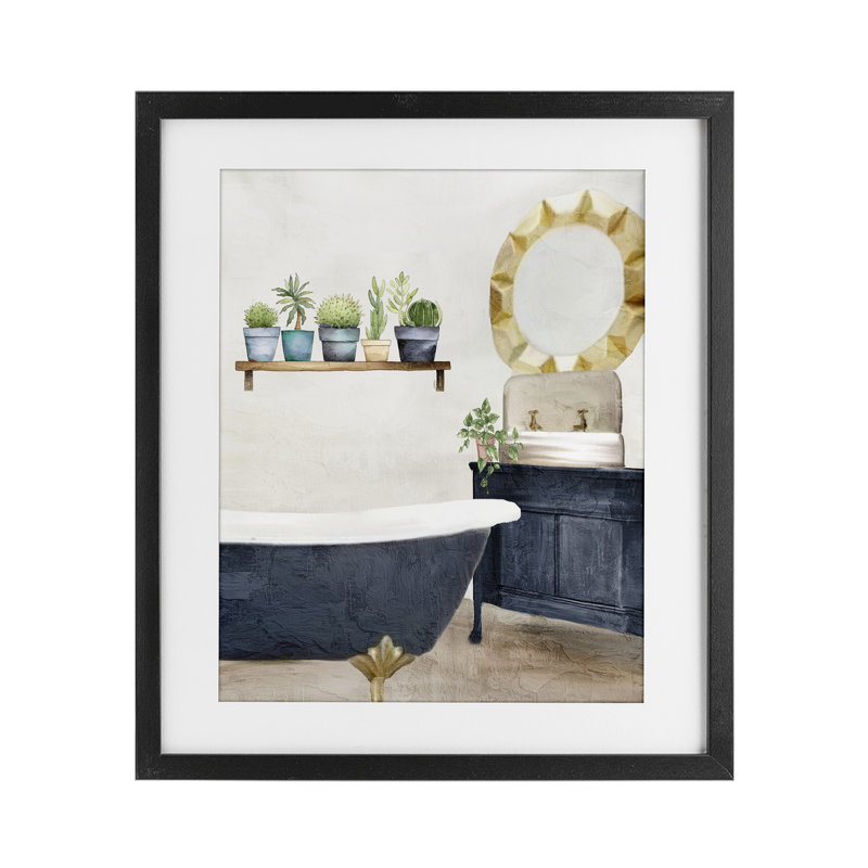 «Blue Tub Bathroom Scène», impression par Kim Allen, Cadre noir minuit, H 16 po x l 13 po