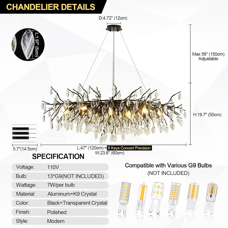 Lustre suspendu moderne en cristal noir, cadre suspendu en métal de 47,2 pouces, Noir mat, 13 lumières