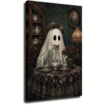 Fantôme à la couronne de fleurs sombres savourant un thé victorien, peinture à l'huile vintage sur toile, idéale pour un décor intérieur gothique.