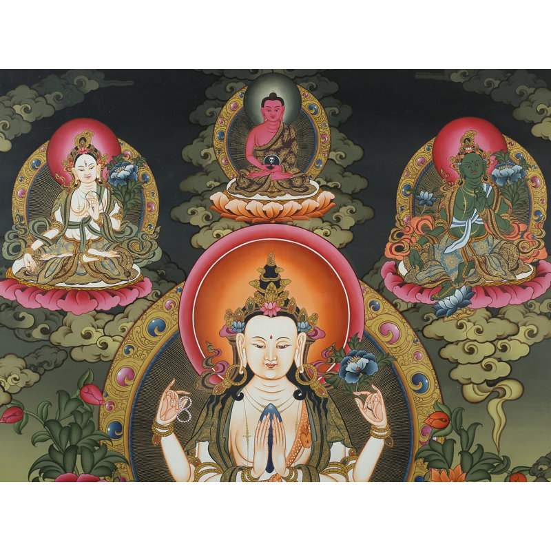 Art tibétain Chenrezig | Thangka sans brocart | Aquarelle sur coton