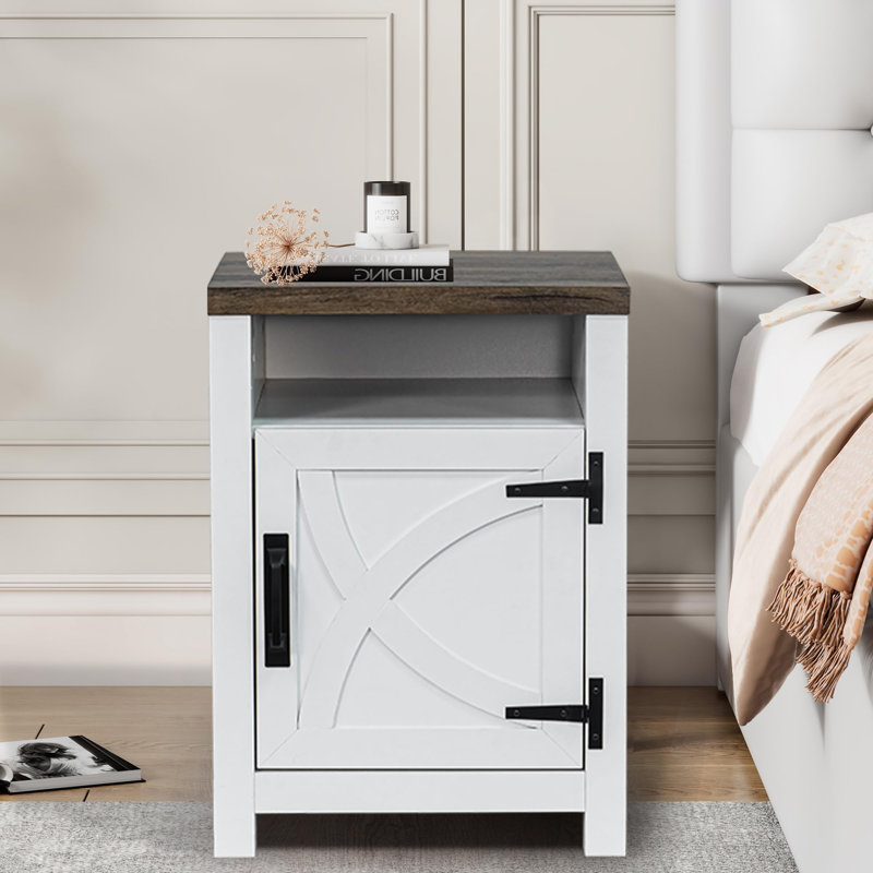 40cm W Solid Wood Bedside Table, White/Grey