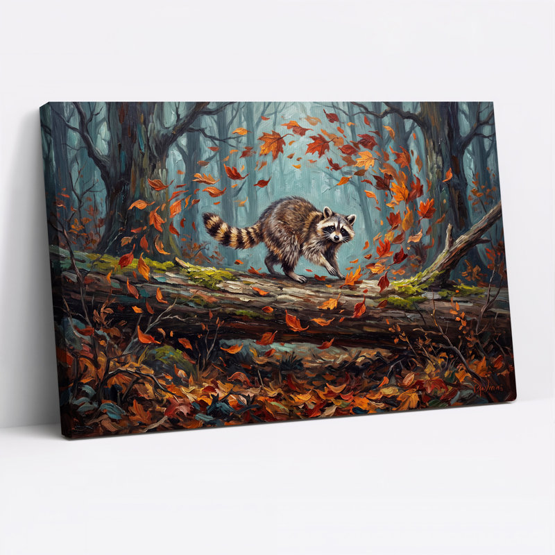 Raton laveur marchant sur un tronc d'arbre tombé dans une forêt d'automne - Toile murale d'Halloween, 16"H x 24"W