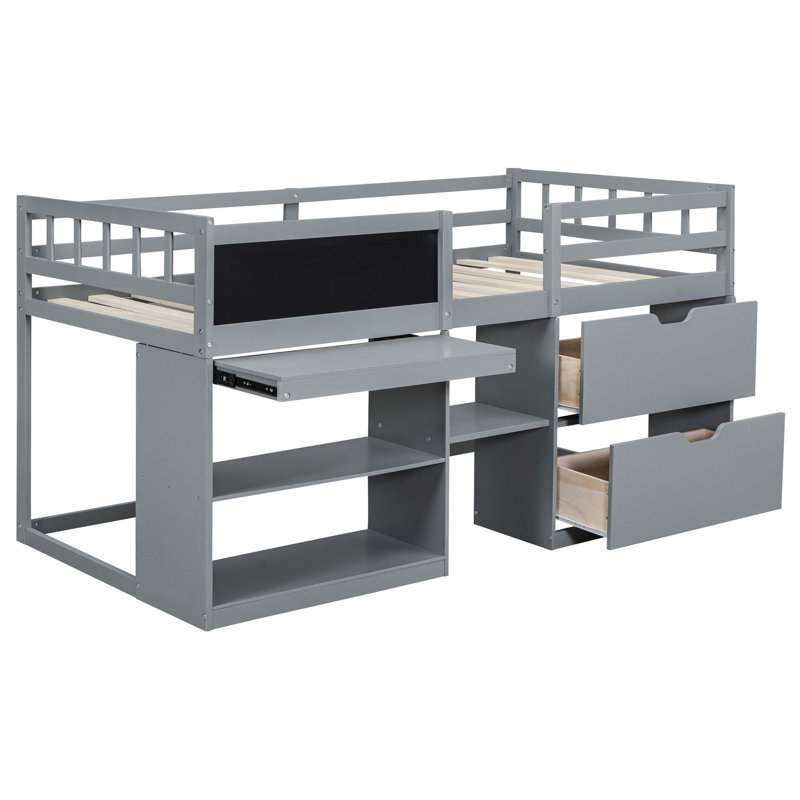 Lit mezzanine simple gris bas avec bureau, étagère à tiroirs dans un bureau mobile, tablette et tiroirs, Gris