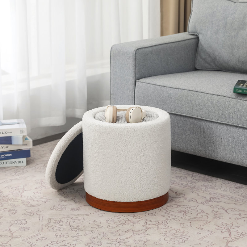 Teddy Fleece Round Ottoman With Stroage, Dark Coffee