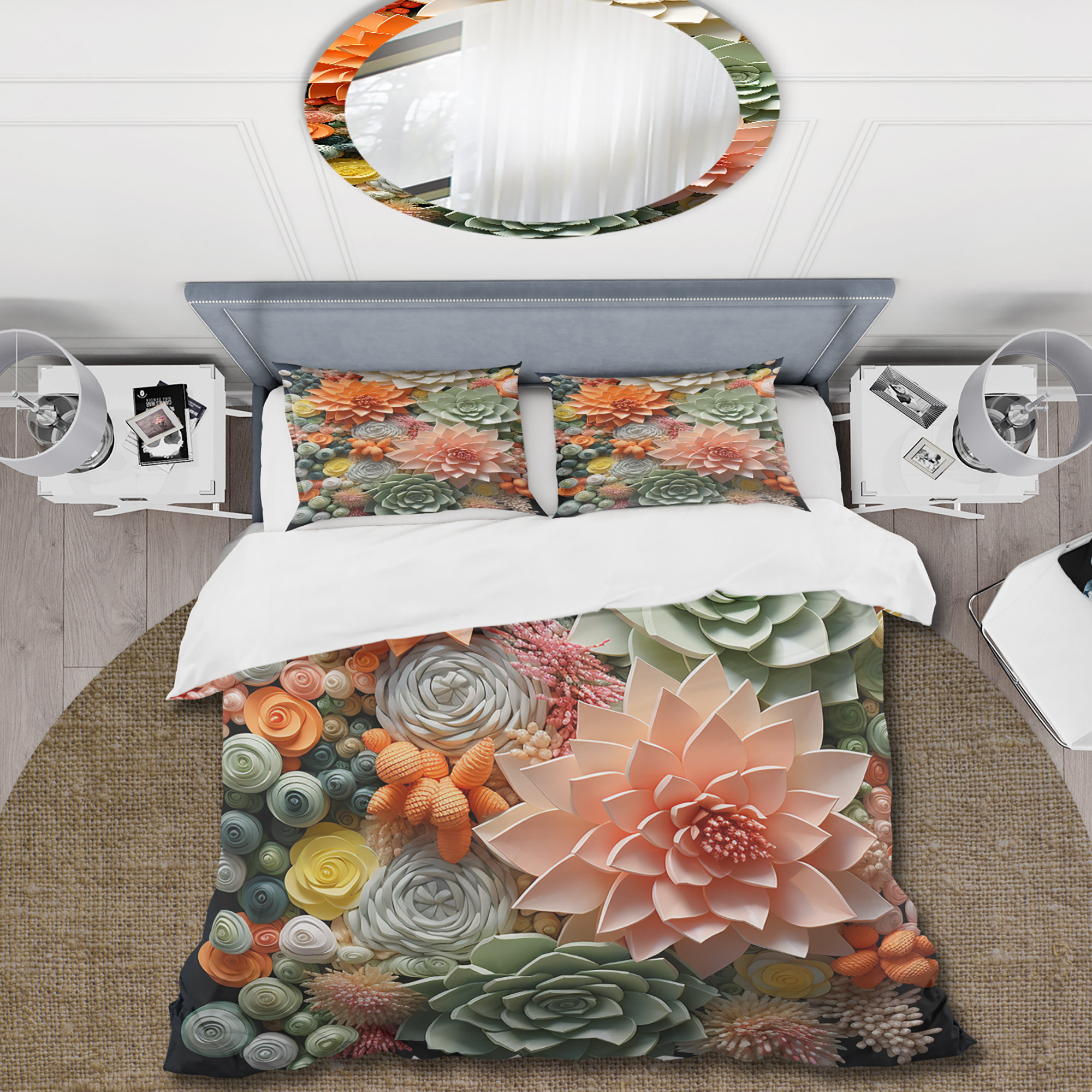 Designart - Orange Pink Succulents Flowers III - Succulent Bedding Cover Set - Traditional Bed Sets With Shams - Twin