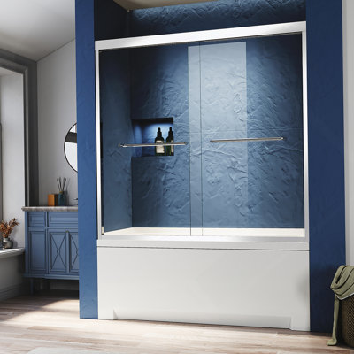 Chrome 56-60 In. W X 62 In.H Sliding Glass Tub Door Semi Frameless Double Bathtub Door, Certified Thick Clear Clear Tempered Glass, 304 Stainless Steel Handles.
