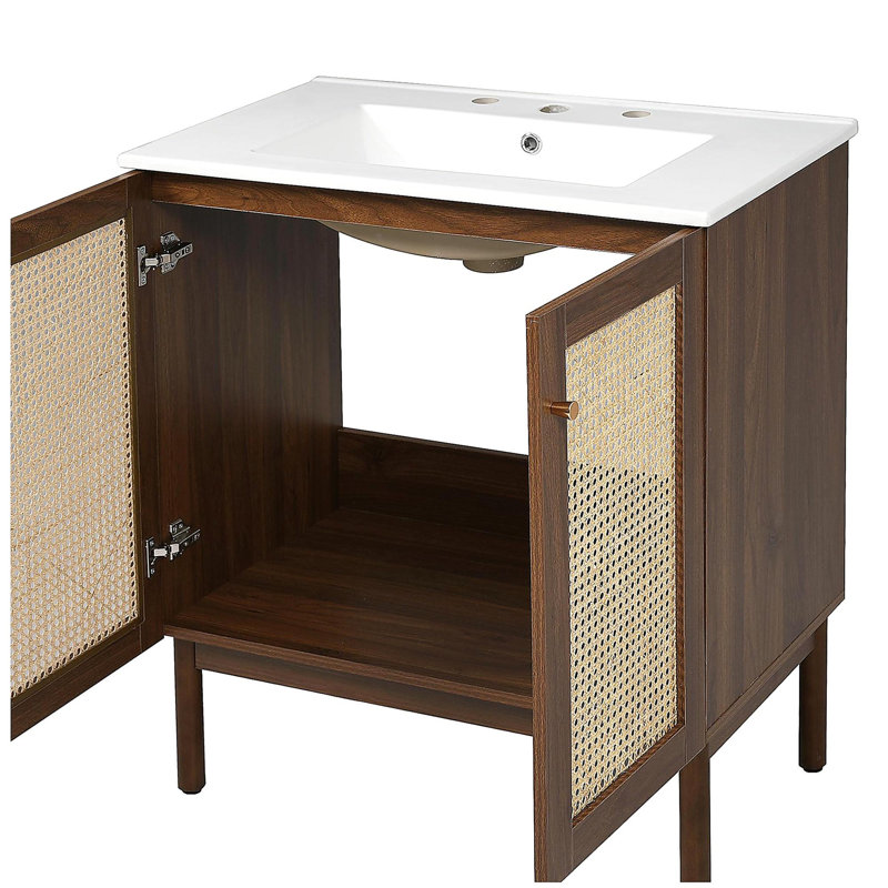 Meuble-lavabo de 30 pouces avec portes en bambou tissé à la main, armoire en panneau de fibres à densité moyenne et conception à fermeture en douceur