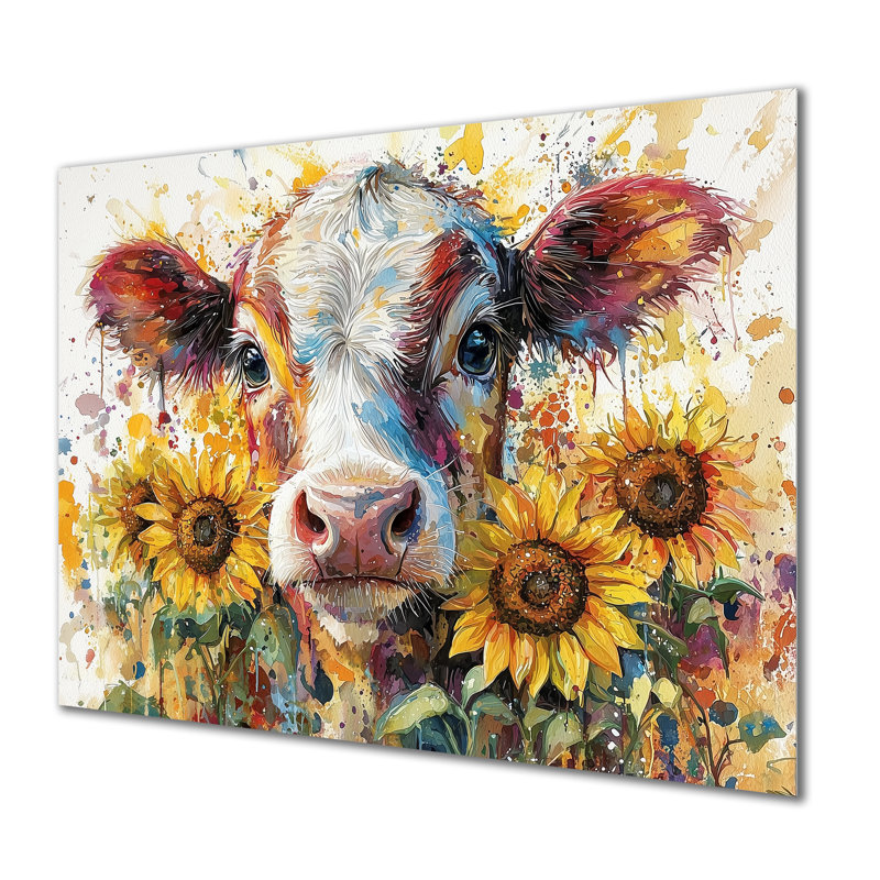 Peinture de vache avec tournesols I - reproduction métallique de vache, H 34 po x l 44 po