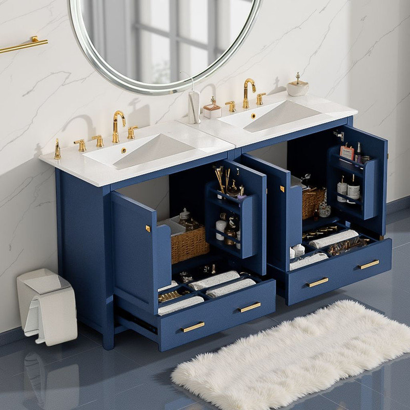 Meuble-lavabo moderne de 60 po - Portes à fermeture douce, étanches et tablettes intégrées?, Bleu