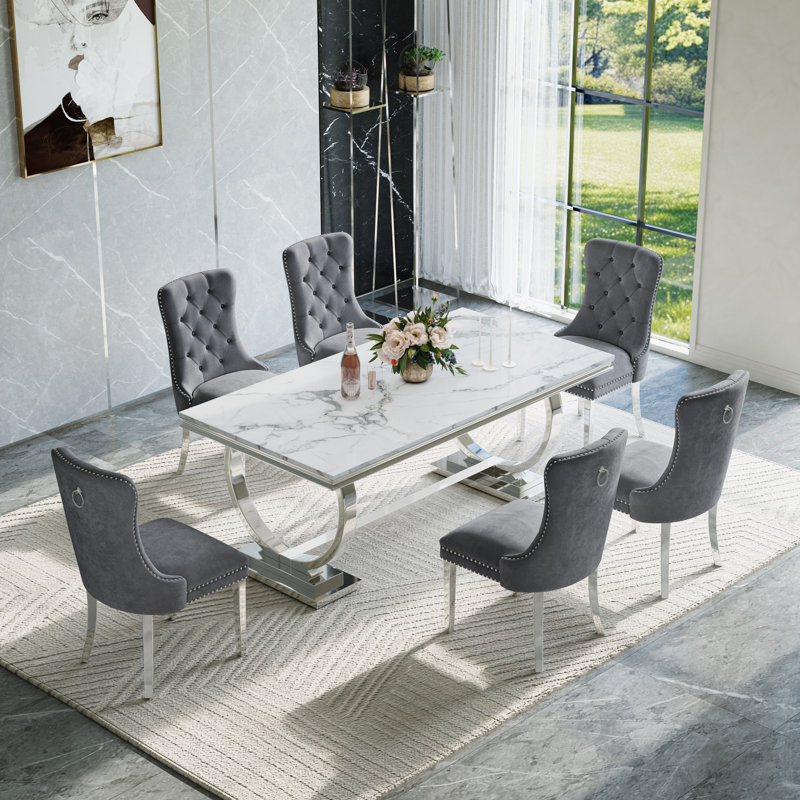 Modern Dining Set – 70" Table With Stainless Steel Base & Velvet Chairs, 7 Pieces: Table, 6 Chairs, White/Silver, Gray/Silver