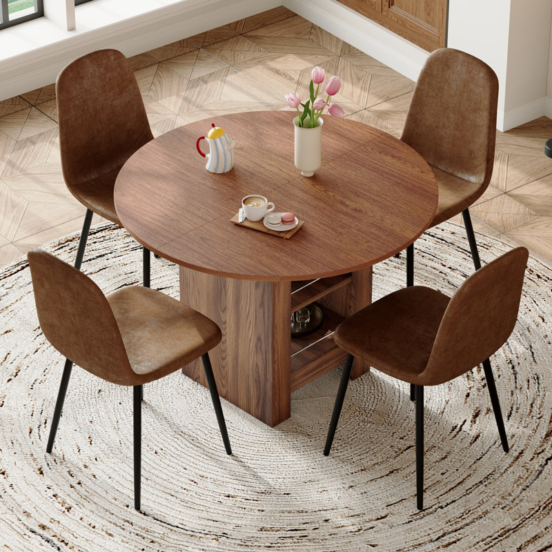 42" Mid-Century Modern Round Dining Table With Storage Base, Seats 4–6, Brown, Walnut, 5 Pieces: Table, 4 Chairs